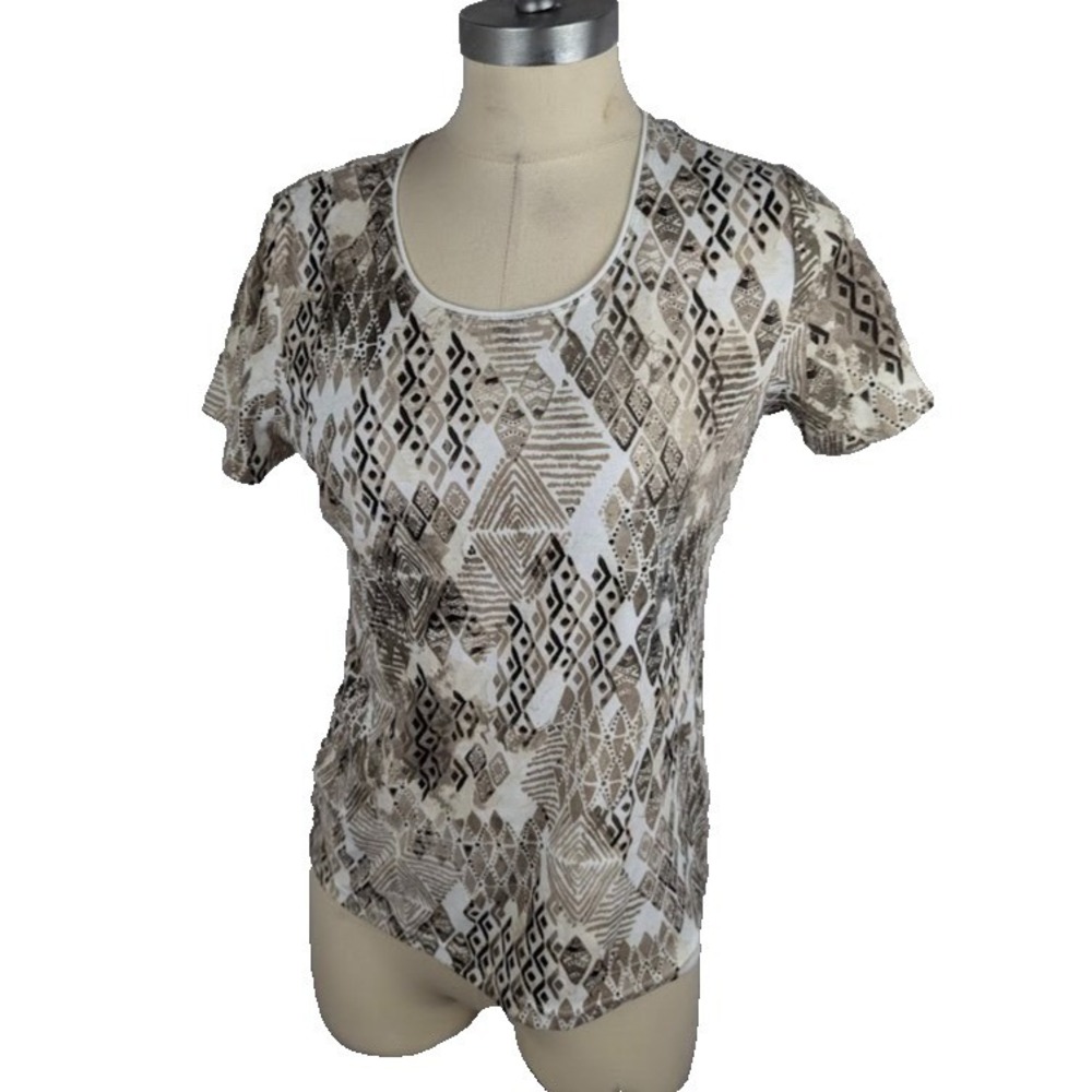 Karen Scott Petite Printed T-Shirt Size PM Short Sleeve Almond Khaki